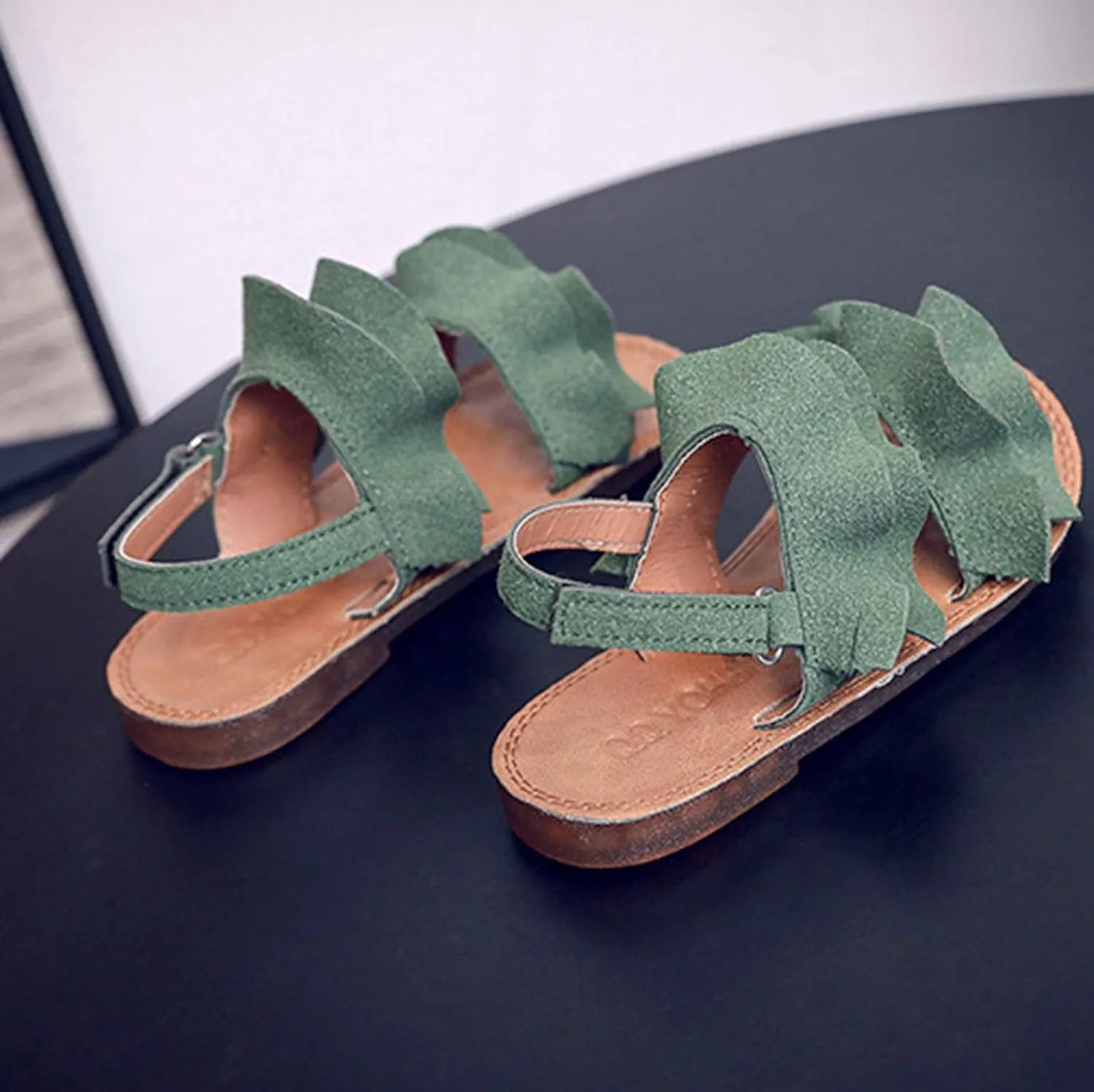 Kids Cork Footbed Flat Bottom Sandals Strap Wide Shoes Ruffle Buckle Baby Girls Light Breathable Non Slip Shoesfashio