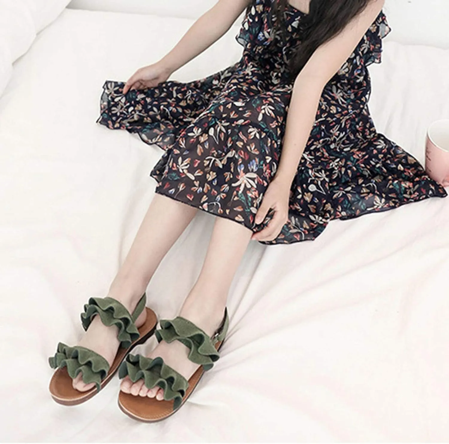 Kids Cork Footbed Flat Bottom Sandals Strap Wide Shoes Ruffle Buckle Baby Girls Light Breathable Non Slip Shoesfashio