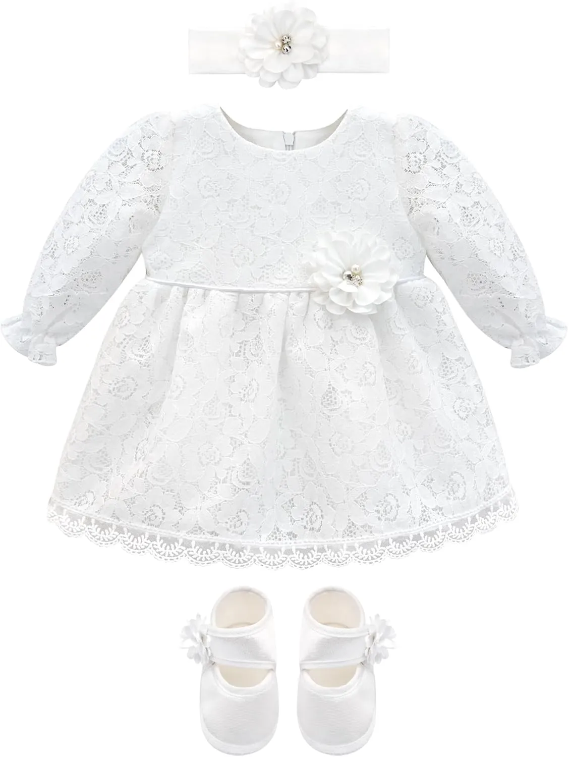 Lilax Baby Girls' Lace Floral Embroidered Dress with Matching Shoes Christening Baptism Dress