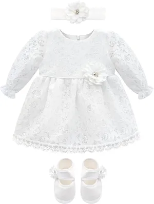 Lilax Baby Girls' Lace Floral Embroidered Dress with Matching Shoes Christening Baptism Dress