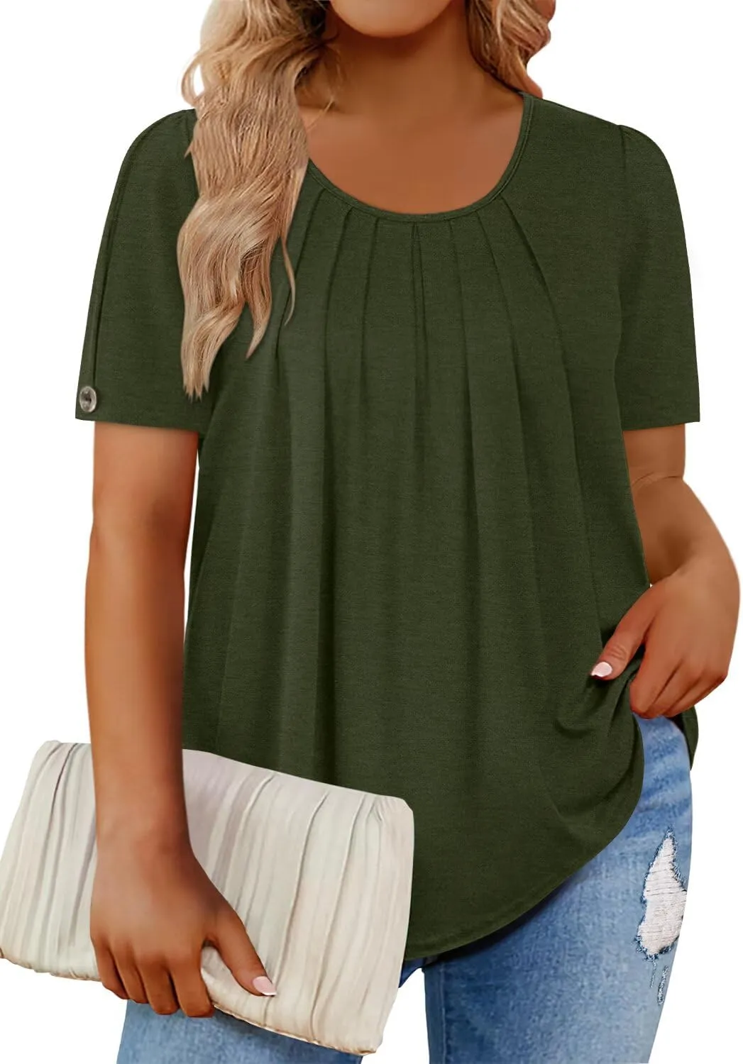 Magritta Womens Plus Size Tops Flowy Summer Blouses Short Sleeve Shirts Pleated Dressy Tunic Tops
