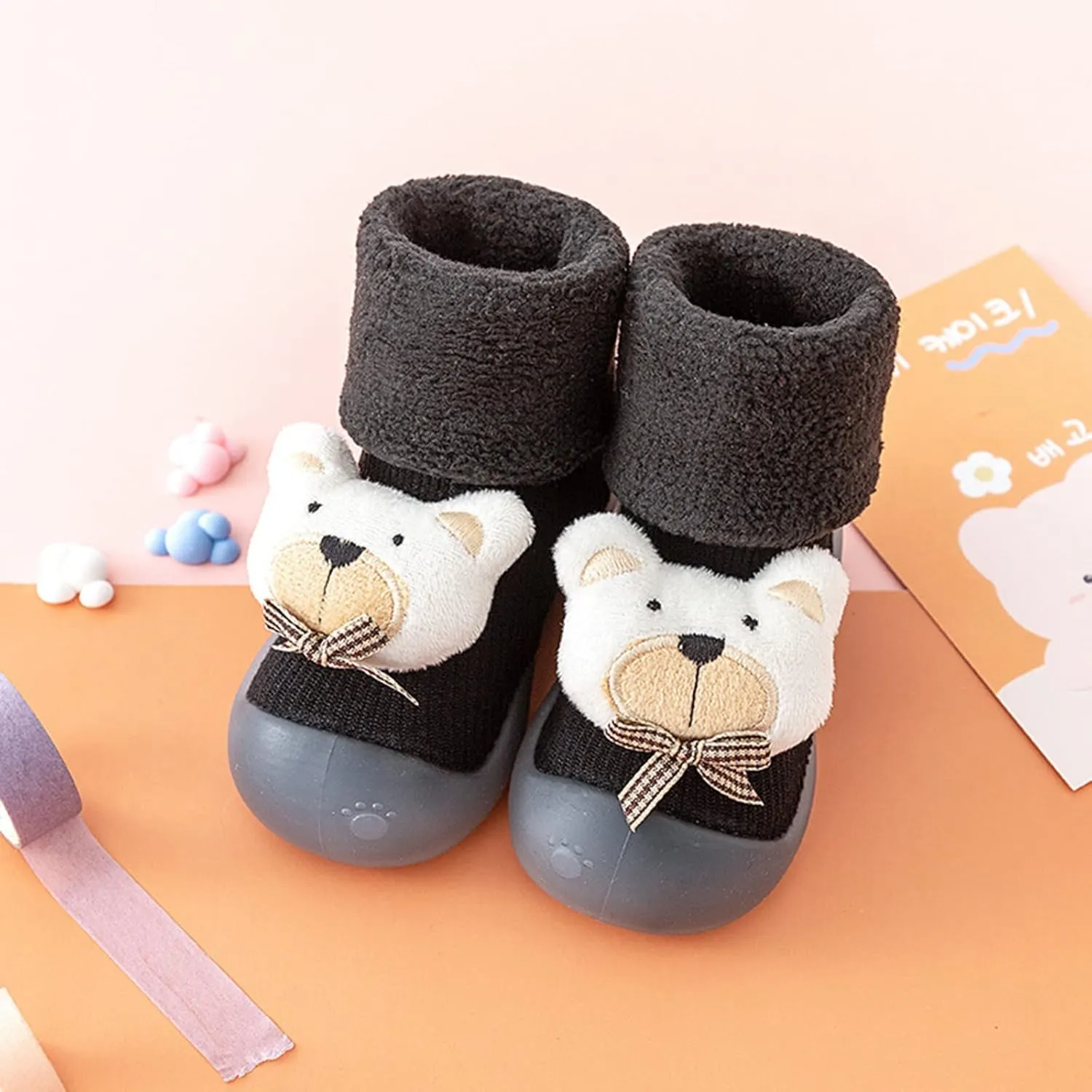 Newborn Girl Boy Sock Shoes Baby Fleece ining Soft Slippers Rubber Sole Non-Slip Cute Booties Spring Sneakers