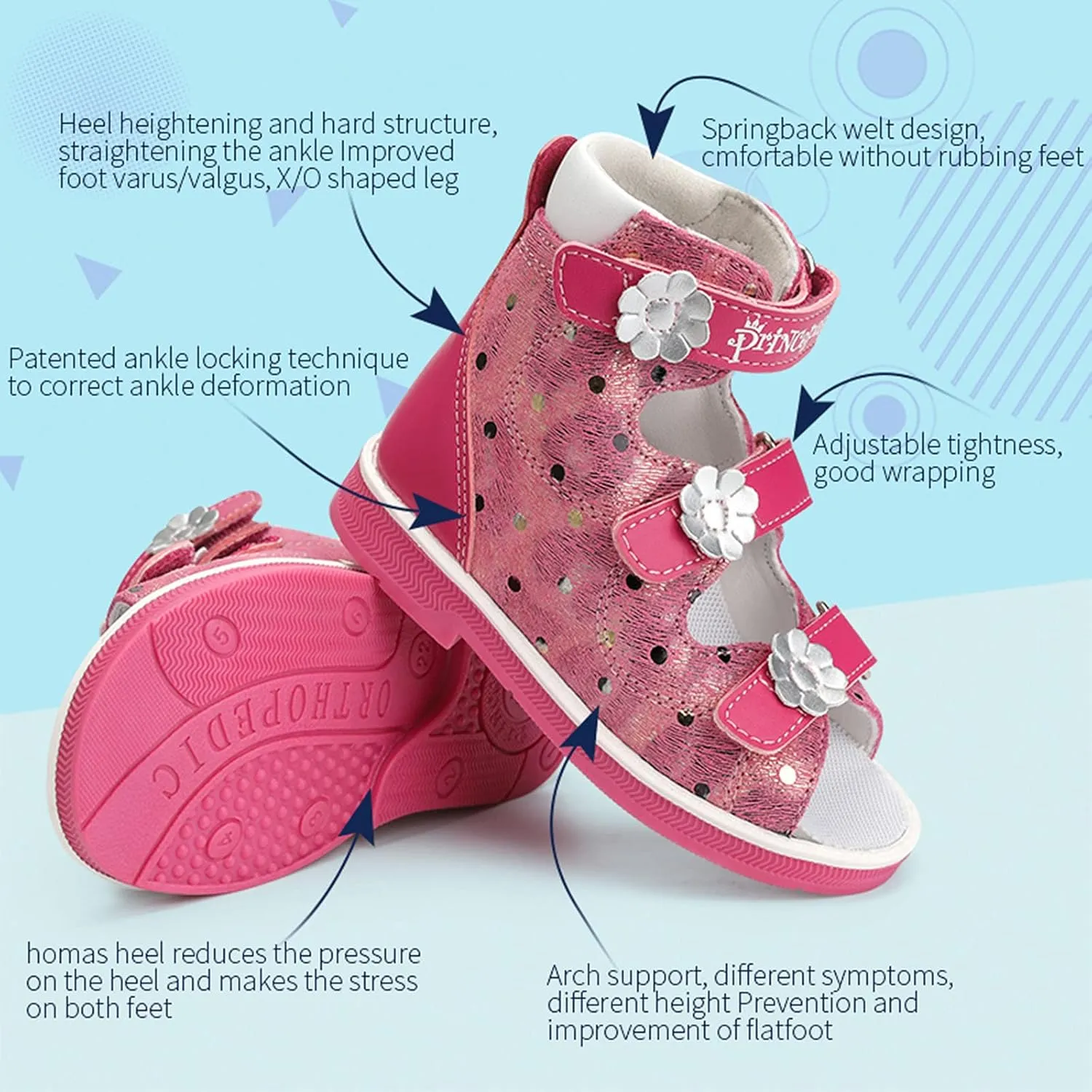 Orthopedic Sandals for Kids with High Back,Girls Corrective Shoes with Ankle and Arch Support