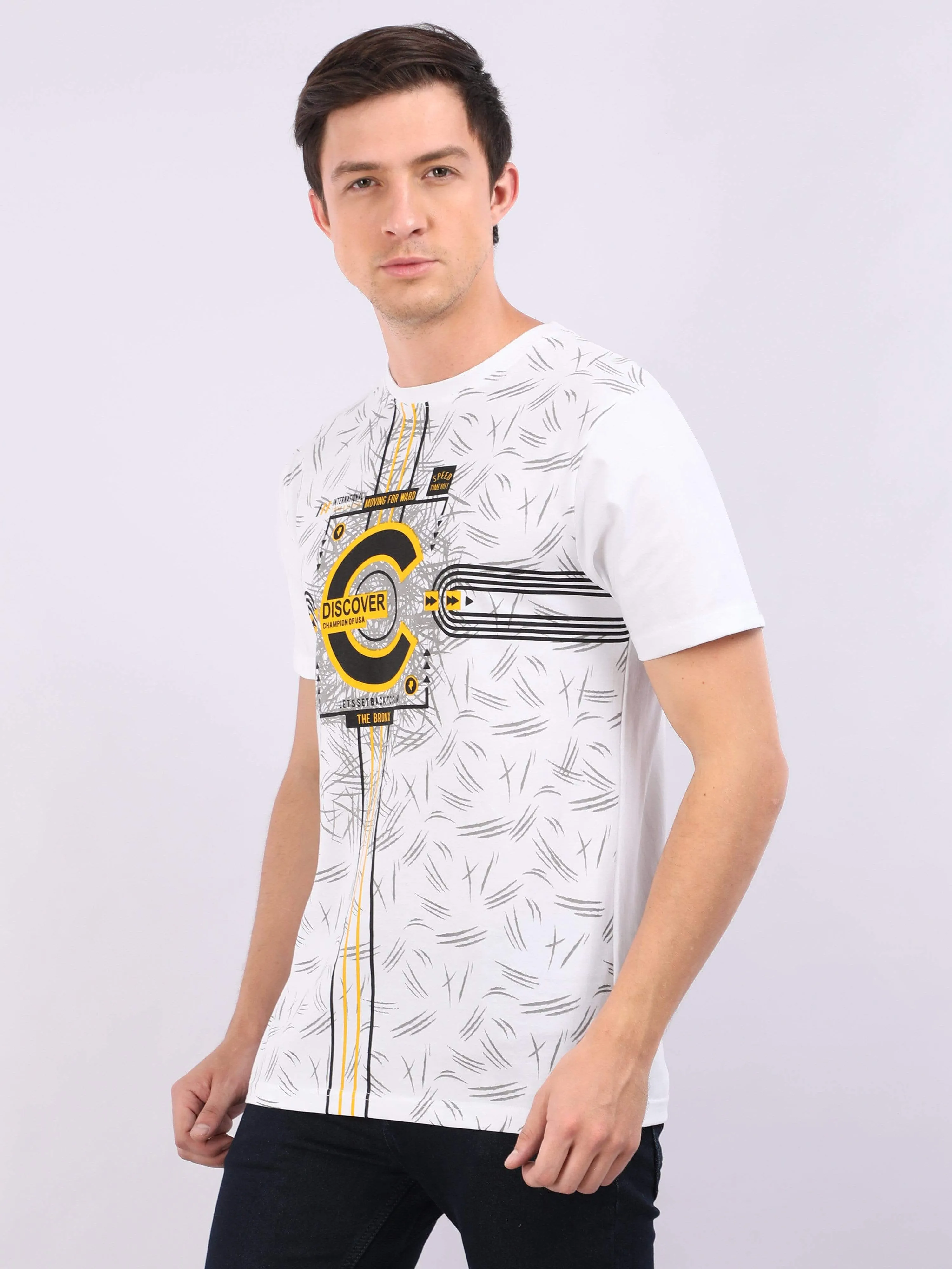 REDpockets Round Neck White Cotton Printed TShirt For Men R006
