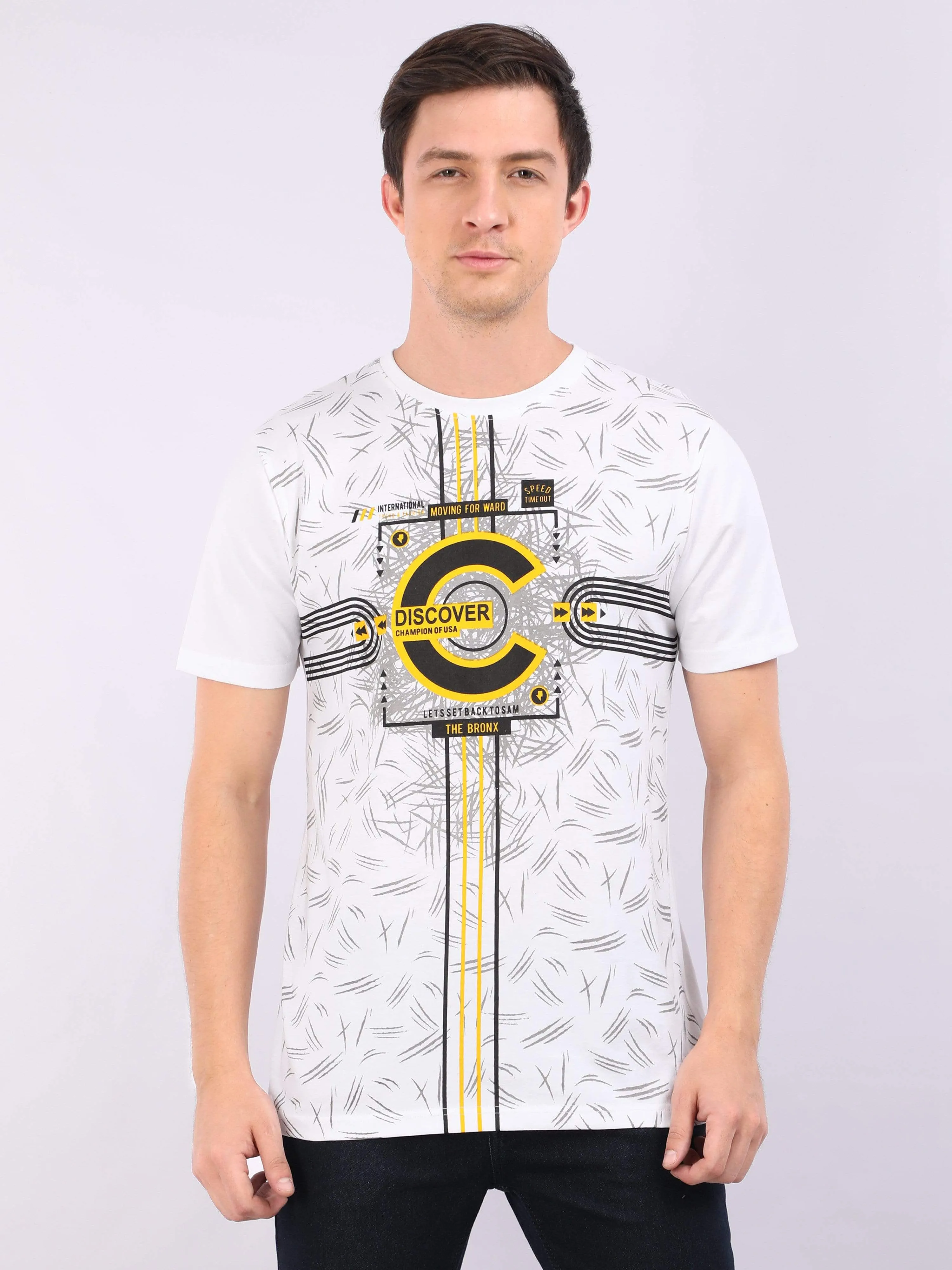REDpockets Round Neck White Cotton Printed TShirt For Men R006