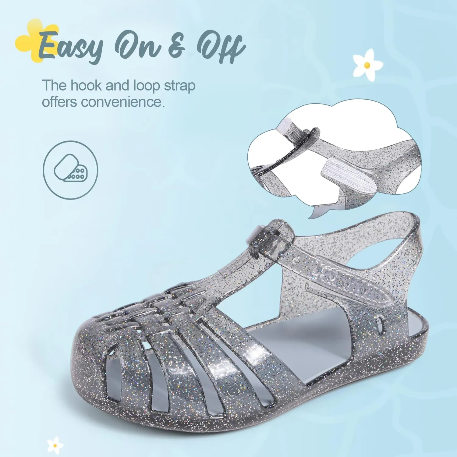 Sawimlgy Toddler Girls Jelly Sandals Summer Beach Closed Toe Crystal Princess Dress Flat Little Kid T-strap Rubber Sole Shoe