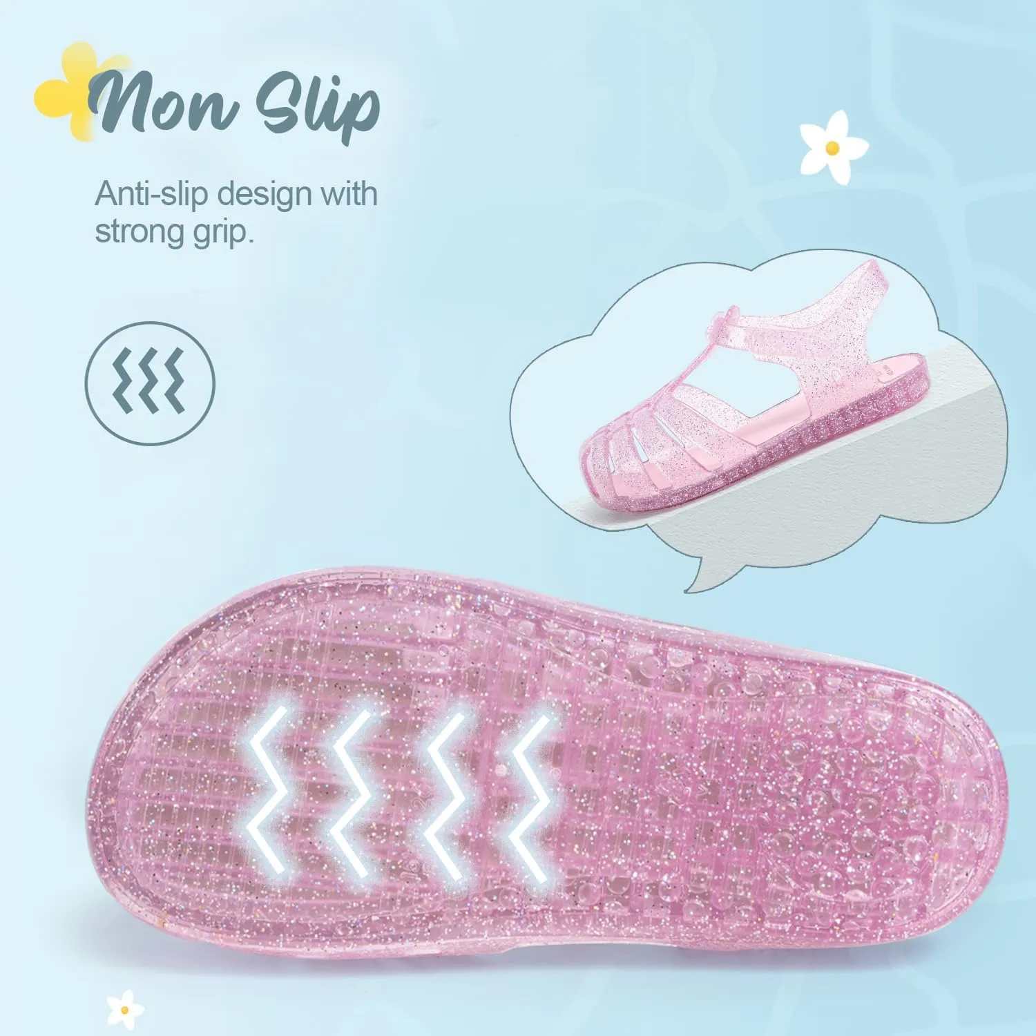 Sawimlgy Toddler Girls Jelly Sandals Summer Beach Closed Toe Crystal Princess Dress Flat Little Kid T-strap Rubber Sole Shoe