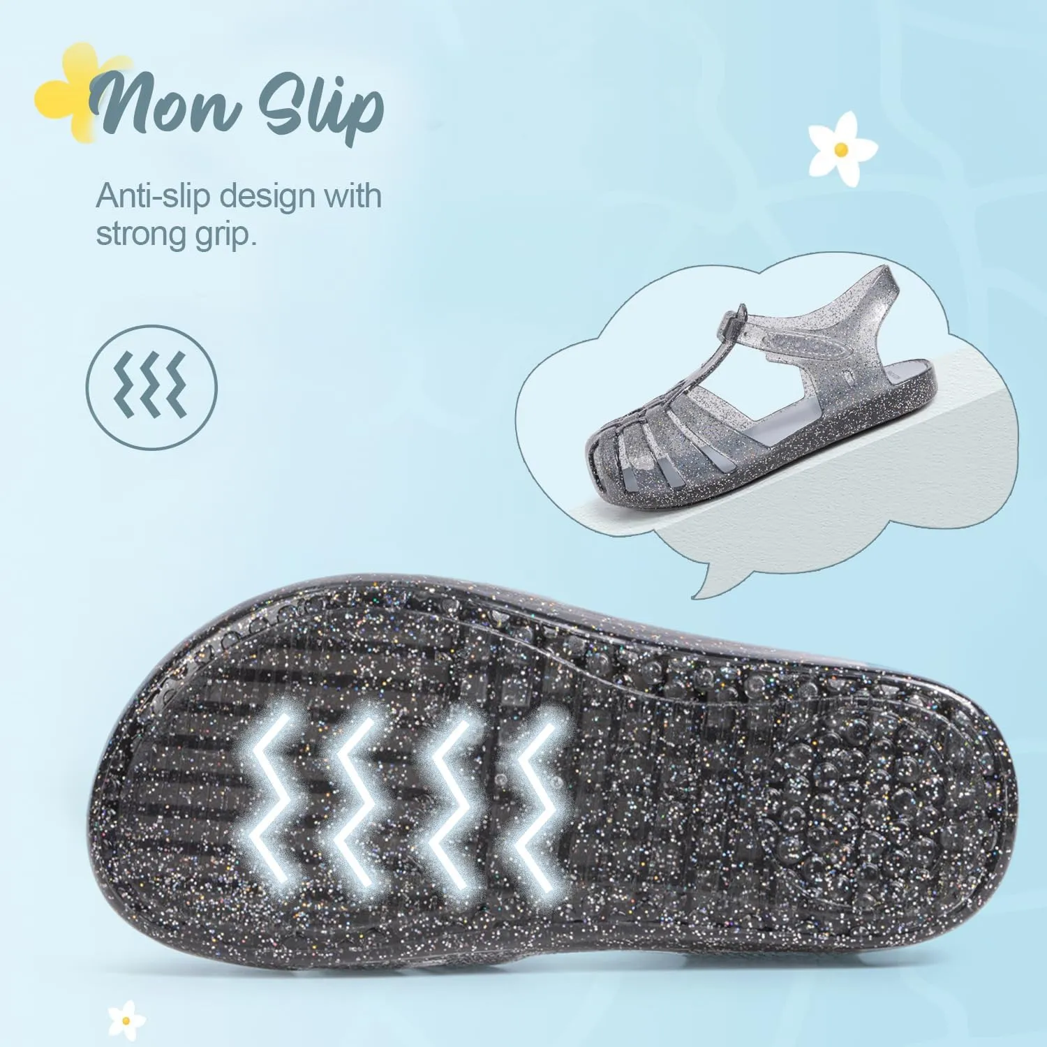 Sawimlgy Toddler Girls Jelly Sandals Summer Beach Closed Toe Crystal Princess Dress Flat Little Kid T-strap Rubber Sole Shoe