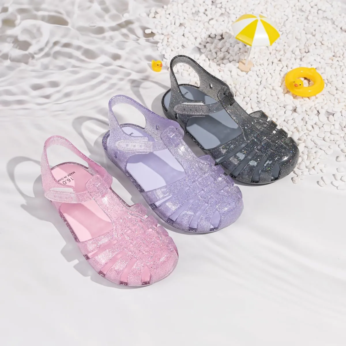 Sawimlgy Toddler Girls Jelly Sandals Summer Beach Closed Toe Crystal Princess Dress Flat Little Kid T-strap Rubber Sole Shoe