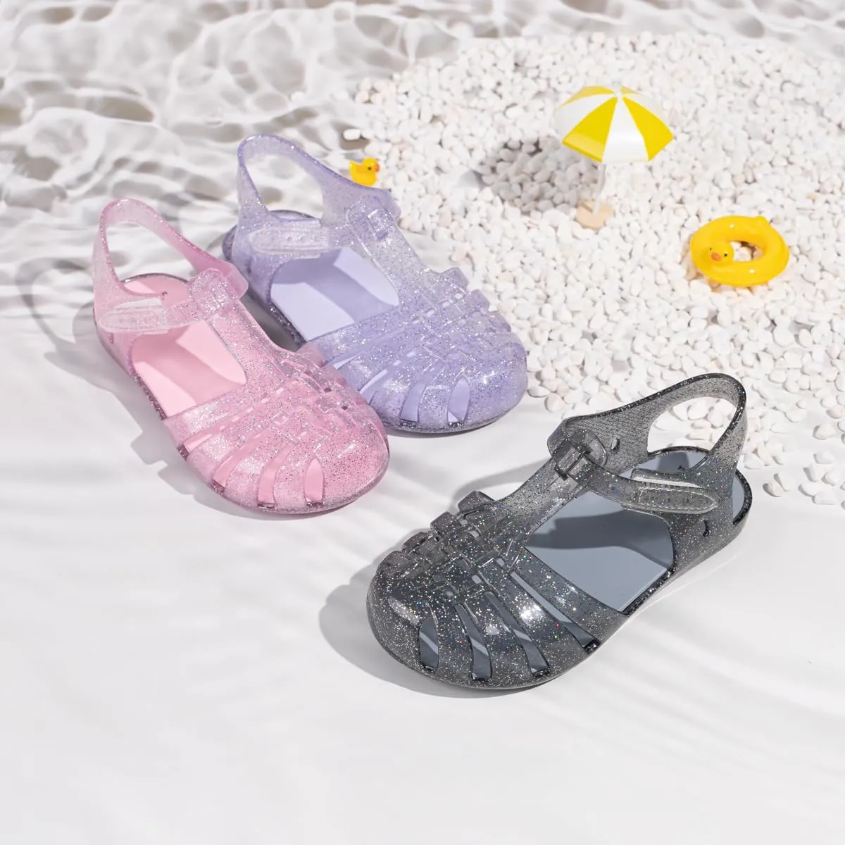 Sawimlgy Toddler Girls Jelly Sandals Summer Beach Closed Toe Crystal Princess Dress Flat Little Kid T-strap Rubber Sole Shoe