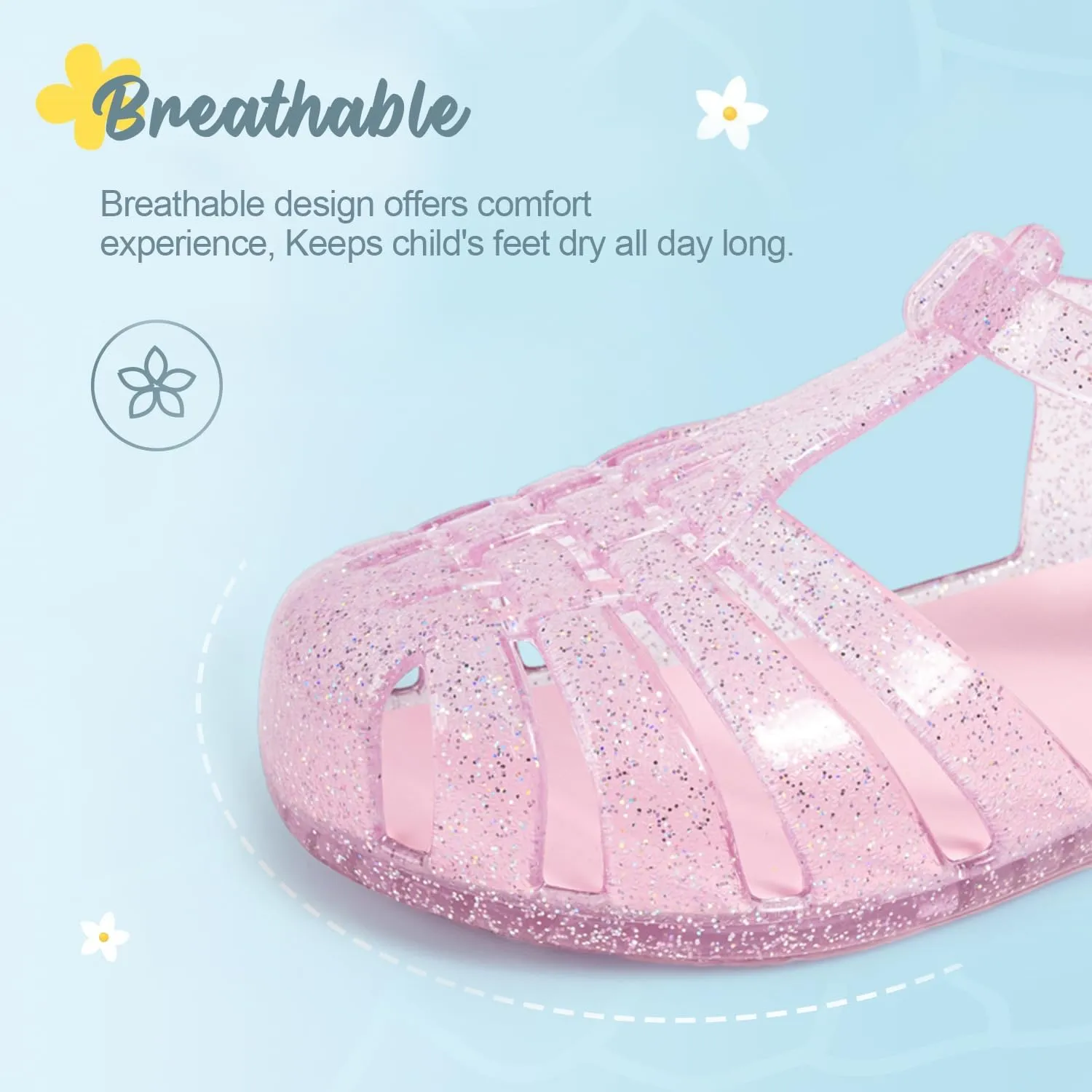 Sawimlgy Toddler Girls Jelly Sandals Summer Beach Closed Toe Crystal Princess Dress Flat Little Kid T-strap Rubber Sole Shoe
