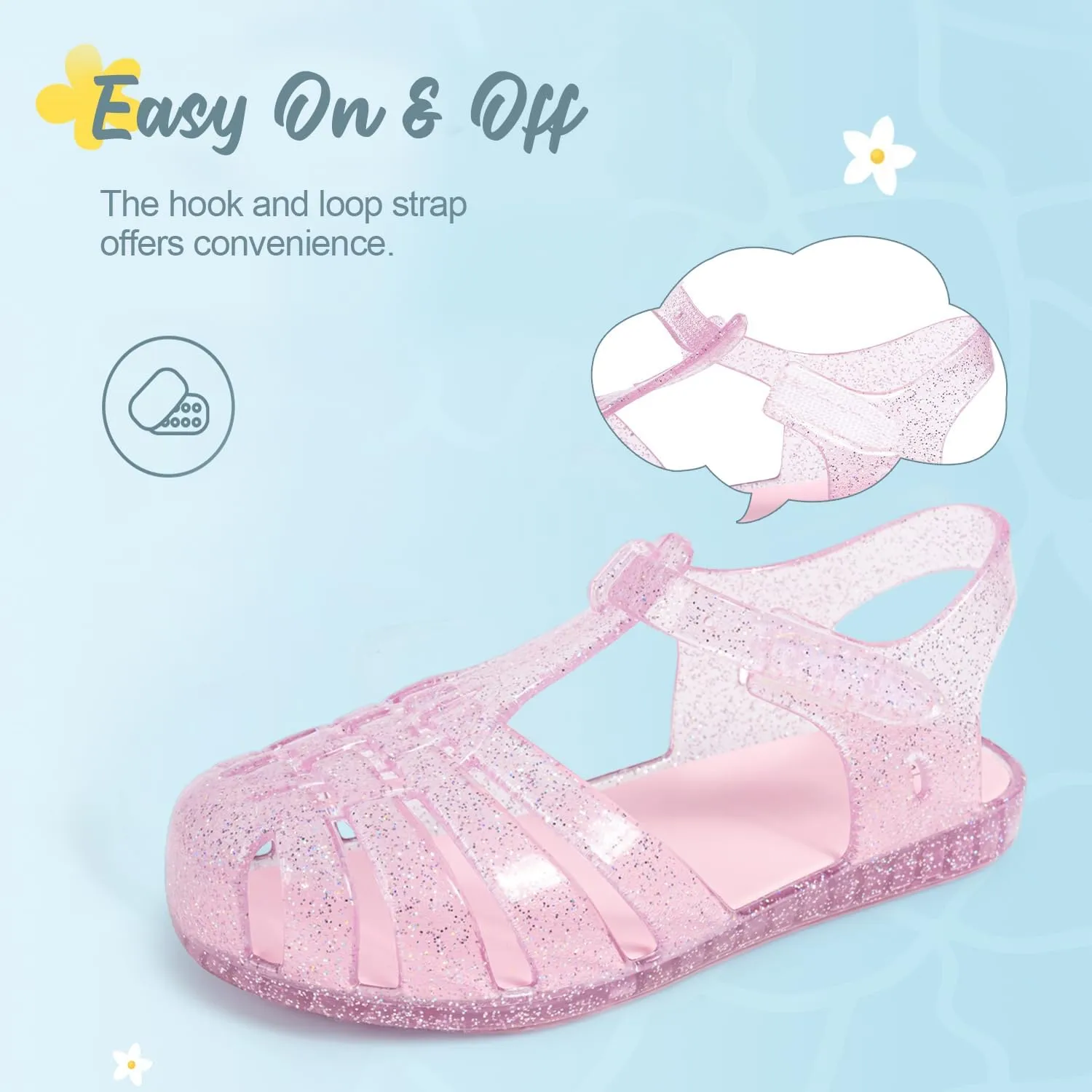 Sawimlgy Toddler Girls Jelly Sandals Summer Beach Closed Toe Crystal Princess Dress Flat Little Kid T-strap Rubber Sole Shoe