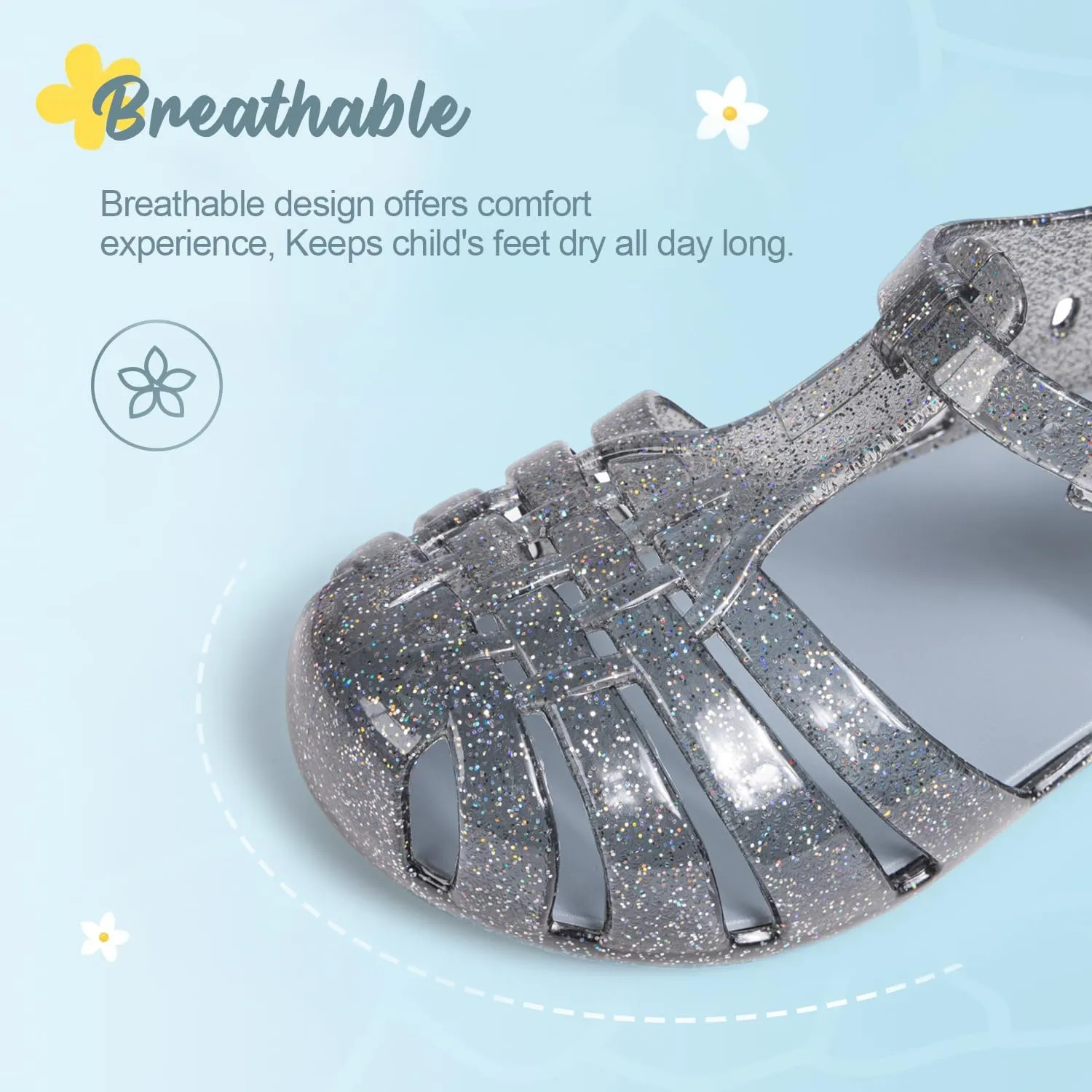 Sawimlgy Toddler Girls Jelly Sandals Summer Beach Closed Toe Crystal Princess Dress Flat Little Kid T-strap Rubber Sole Shoe
