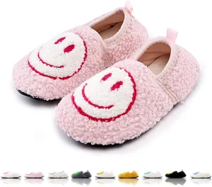 Smile Face Slippers Kids Fuzzy Indoor House Slippers Toddler Home Cozy Socks Cute Face Non-Slip Rubber Sole Warm Shoes Cartoon Soft For Boys Girls