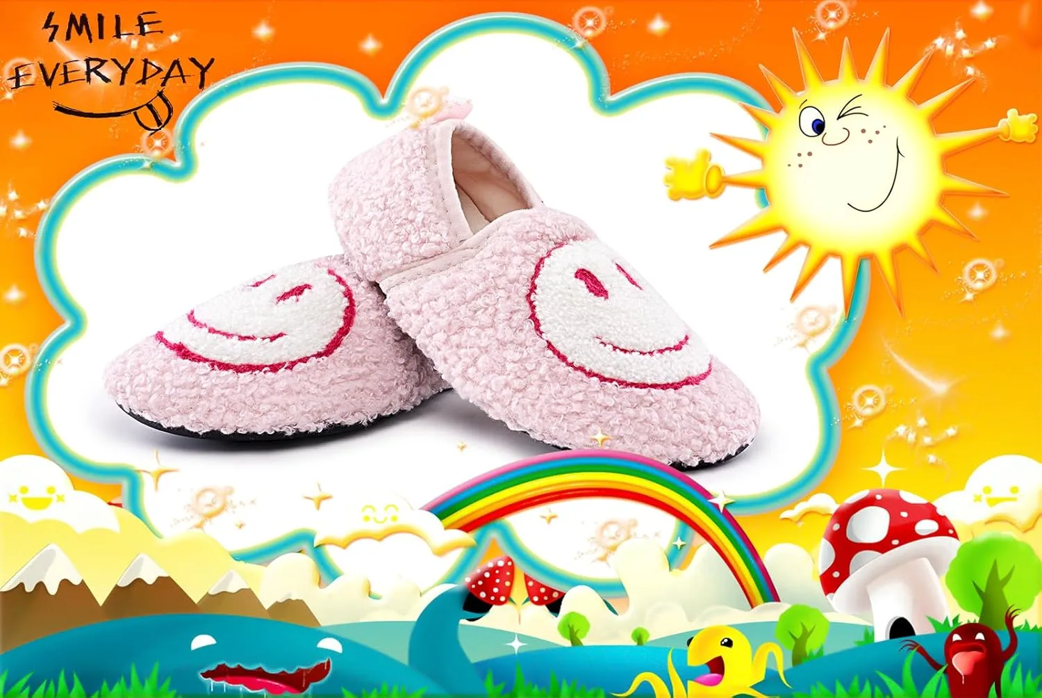 Smile Face Slippers Kids Fuzzy Indoor House Slippers Toddler Home Cozy Socks Cute Face Non-Slip Rubber Sole Warm Shoes Cartoon Soft For Boys Girls