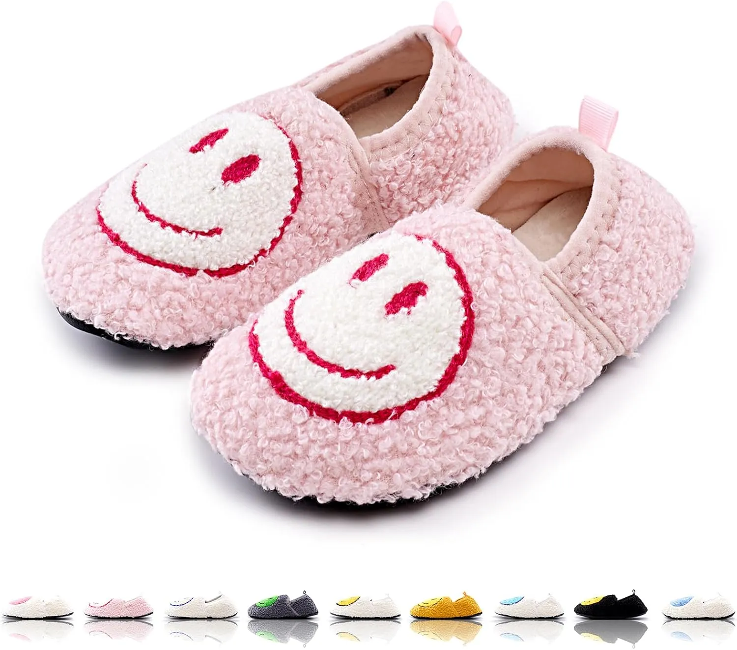 Smile Face Slippers Kids Fuzzy Indoor House Slippers Toddler Home Cozy Socks Cute Face Non-Slip Rubber Sole Warm Shoes Cartoon Soft For Boys Girls