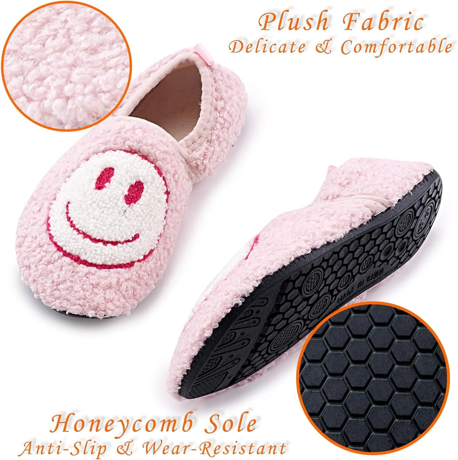 Smile Face Slippers Kids Fuzzy Indoor House Slippers Toddler Home Cozy Socks Cute Face Non-Slip Rubber Sole Warm Shoes Cartoon Soft For Boys Girls