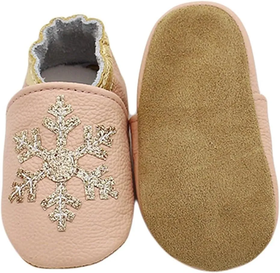 Soft Leather Slippers Baby occasins with Rubber Sole, Anti-Slip Infant Toddler First Walking Shoes for Little Baby Boys Slippers