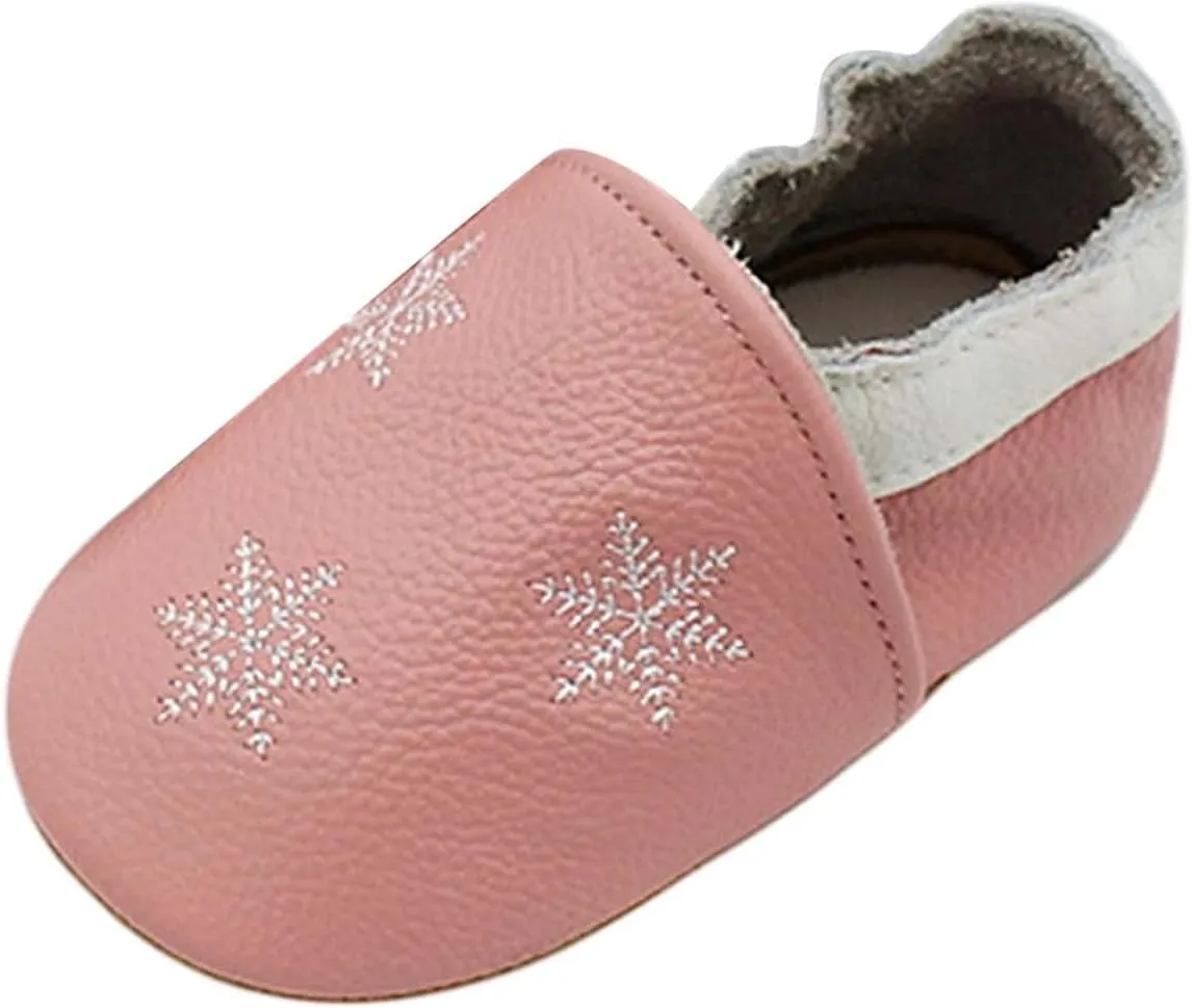 Soft Leather Slippers Baby occasins with Rubber Sole, Anti-Slip Infant Toddler First Walking Shoes for Little