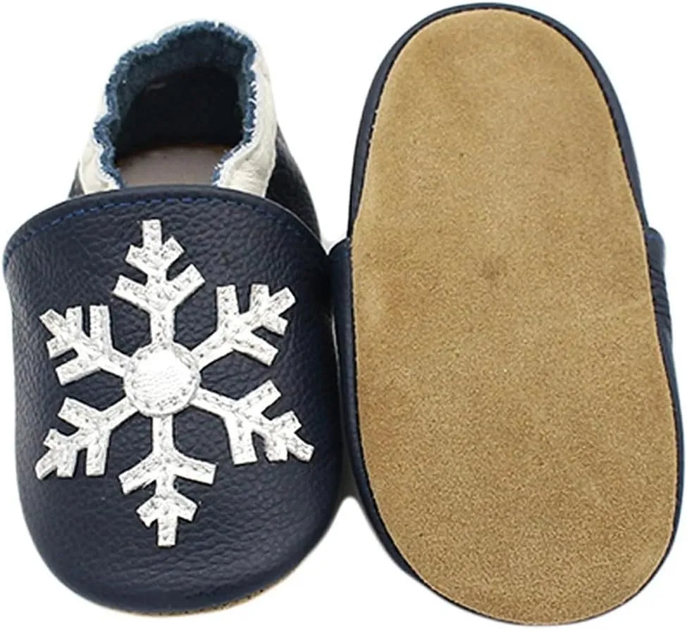 Soft Leather Slippers Baby occasins with Rubber Sole, Anti-Slip Infant Toddler First Walking Shoes for Little