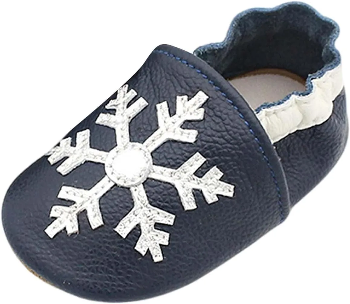 Soft Leather Slippers Baby occasins with Rubber Sole, Anti-Slip Infant Toddler First Walking Shoes for Little
