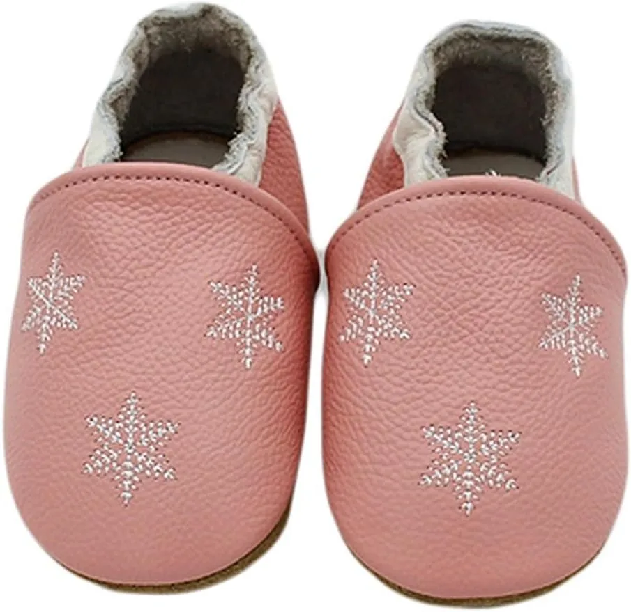Soft Leather Slippers Baby occasins with Rubber Sole, Anti-Slip Infant Toddler First Walking Shoes for Little