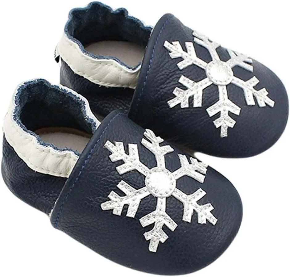 Soft Leather Slippers Baby occasins with Rubber Sole, Anti-Slip Infant Toddler First Walking Shoes for Little