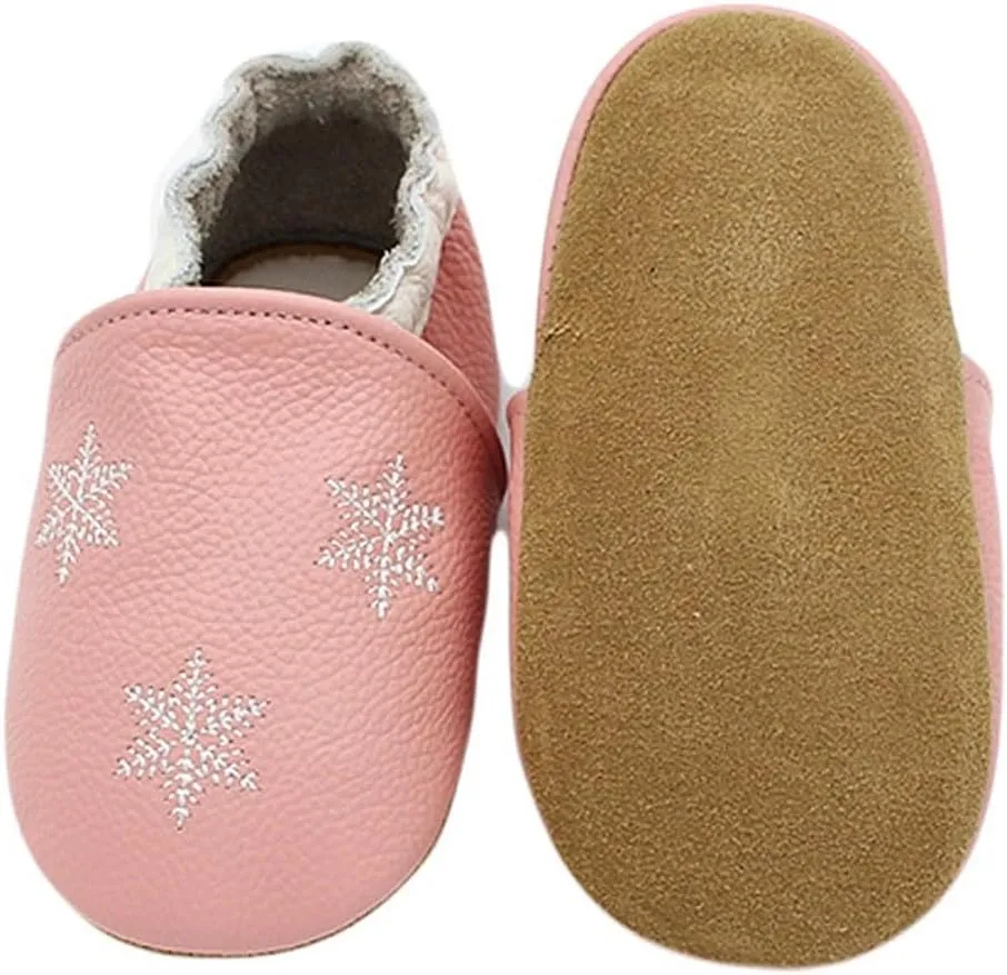 Soft Leather Slippers Baby occasins with Rubber Sole, Anti-Slip Infant Toddler First Walking Shoes for Little