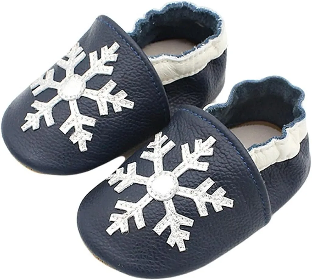 Soft Leather Slippers Baby occasins with Rubber Sole, Anti-Slip Infant Toddler First Walking Shoes for Little