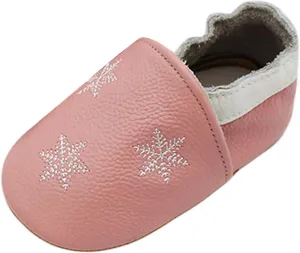 Soft Leather Slippers Baby occasins with Rubber Sole, Anti-Slip Infant Toddler First Walking Shoes for Little