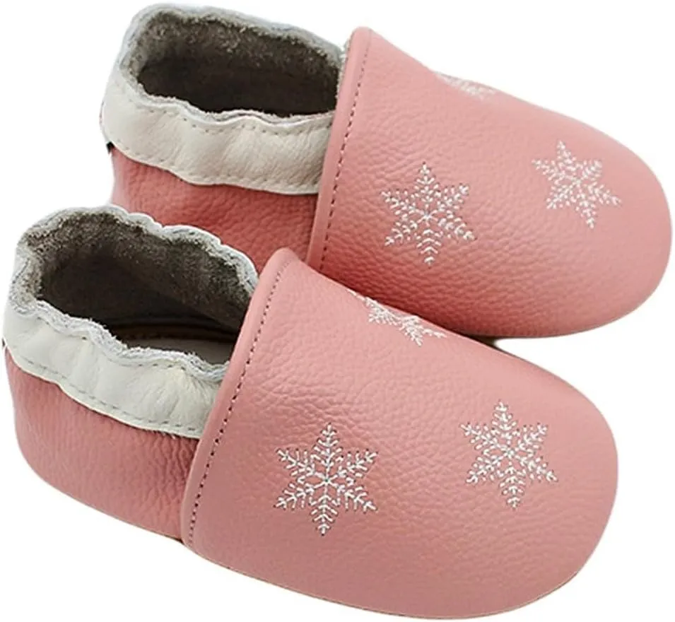 Soft Leather Slippers Baby occasins with Rubber Sole, Anti-Slip Infant Toddler First Walking Shoes for Little