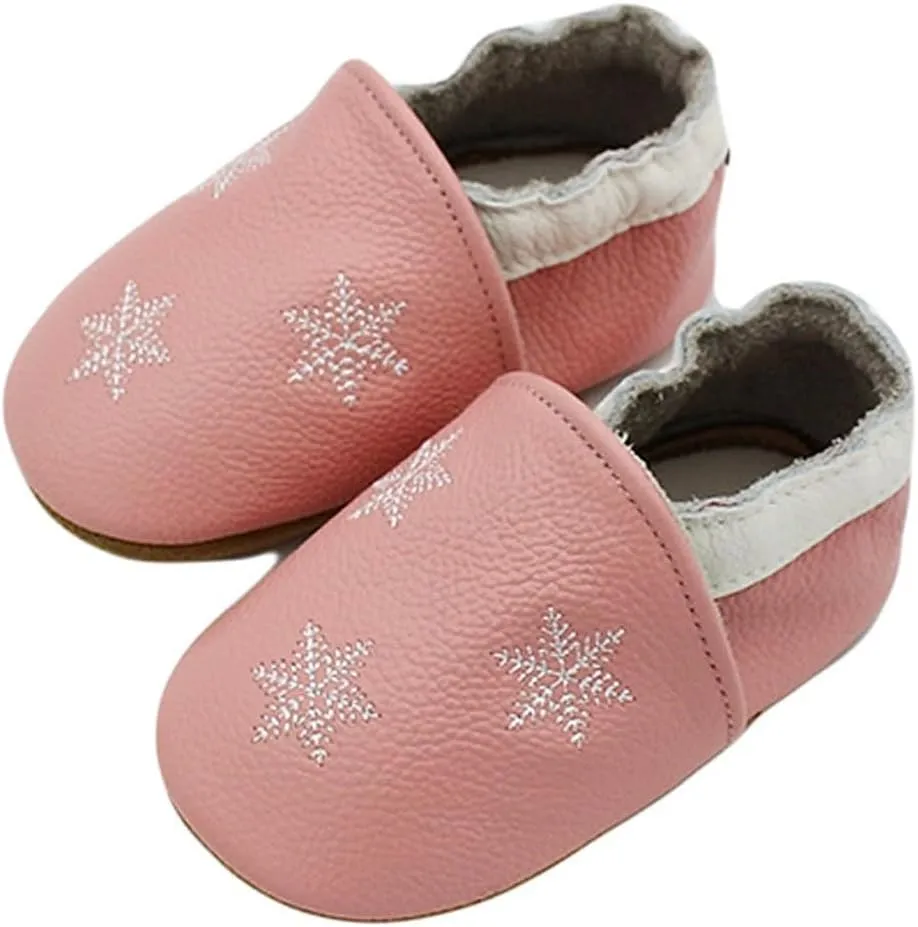 Soft Leather Slippers Baby occasins with Rubber Sole, Anti-Slip Infant Toddler First Walking Shoes for Little