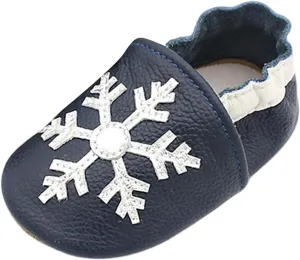 Soft Leather Slippers Baby occasins with Rubber Sole, Anti-Slip Infant Toddler First Walking Shoes for Little