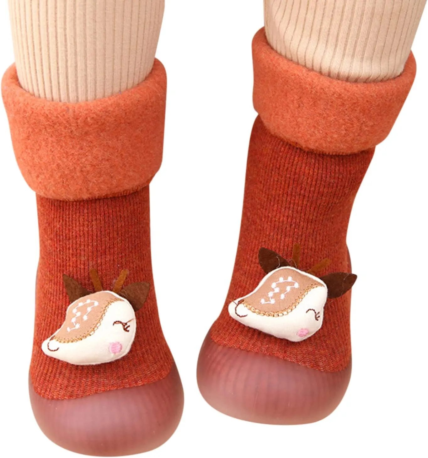 Sole Stocking Girls Boys Toddler Socks Baby Kids Knit Patchwork Slipper Soft Shoes Rubber Warm (Orange, 9-12 Months)
