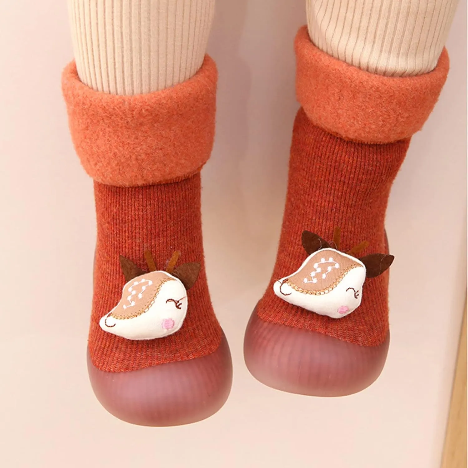 Sole Stocking Girls Boys Toddler Socks Baby Kids Knit Patchwork Slipper Soft Shoes Rubber Warm (Orange, 9-12 Months)