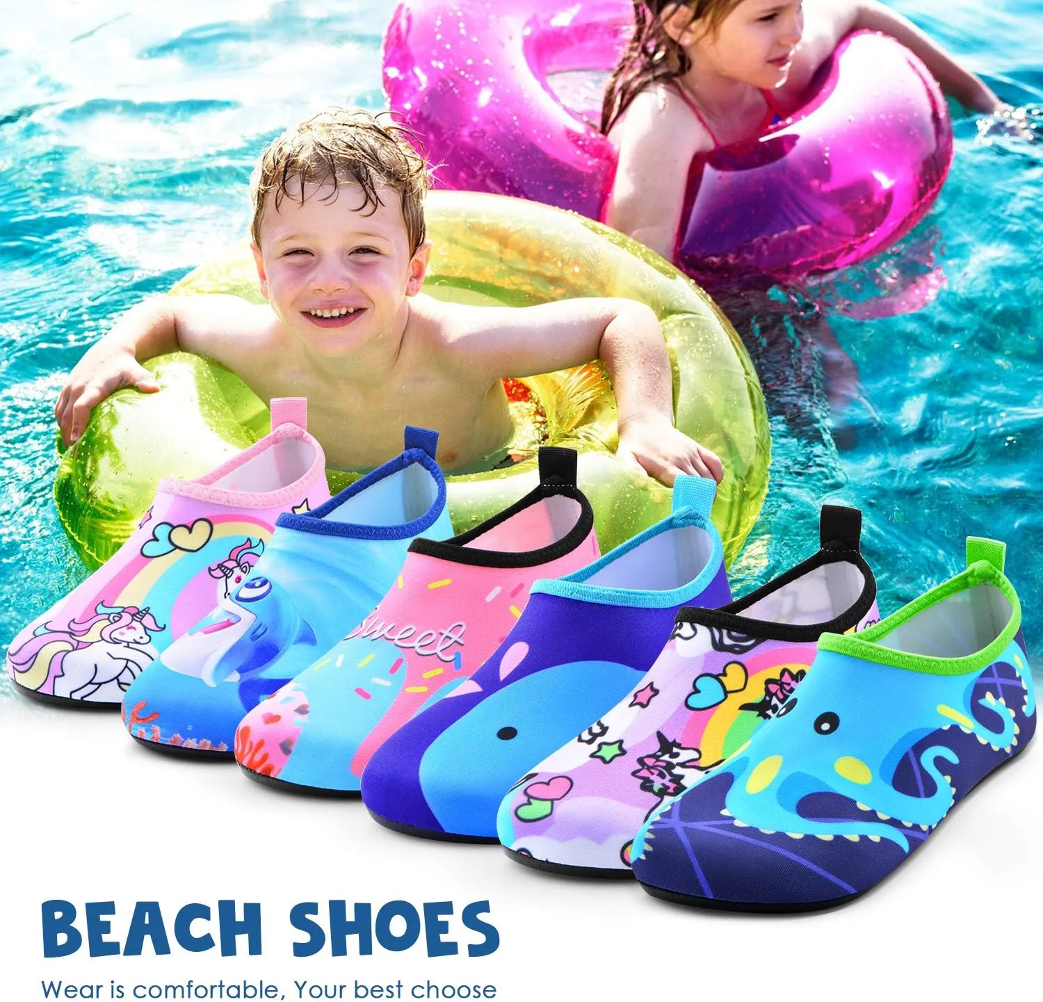 Sunnywoo Water Shoes for Kids Girls BoysToddler Kids Swim Water Shoes Quick Dry Non-Slip Water Skin Barefoot Sports Shoes Aqua Socks for Beach Outdoor Sports