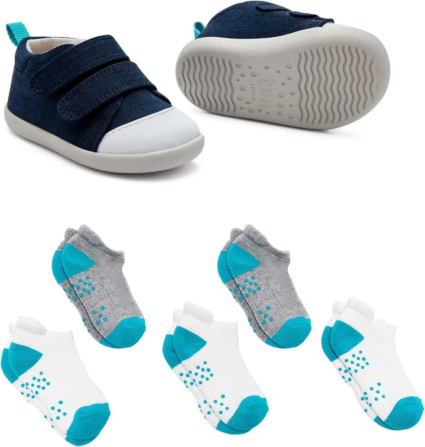 Ten Little First Walker Kids Shoes & Ankle Socks Bundle for Baby & Toddler Boys & Girls, Navy Blue Shoe Size 4.5, Ankle Socks with Non-Skid Grips 5 Pk