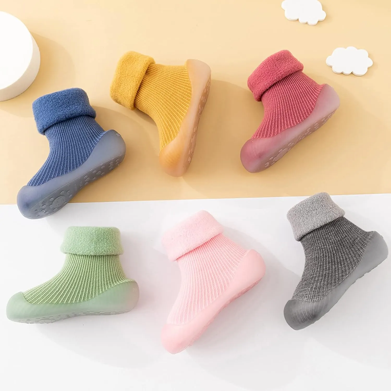 Toddler Baby Boys Girls Sock Shoes Solid Warm Knit Soft Sole Rubber Shoes Woolen Fleece Stocking Long Slipper