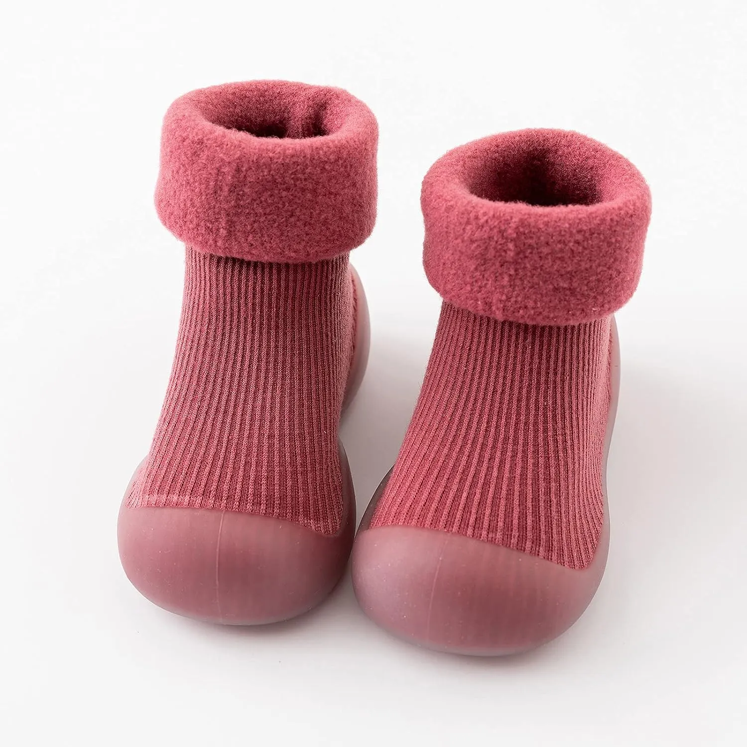 Toddler Baby Boys Girls Sock Shoes Solid Warm Knit Soft Sole Rubber Shoes Woolen Fleece Stocking Long Slipper