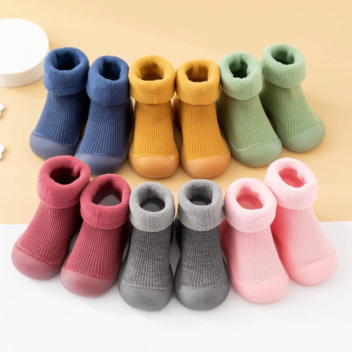 Toddler Baby Boys Girls Sock Shoes Solid Warm Knit Soft Sole Rubber Shoes Woolen Fleece Stocking Long Slipper