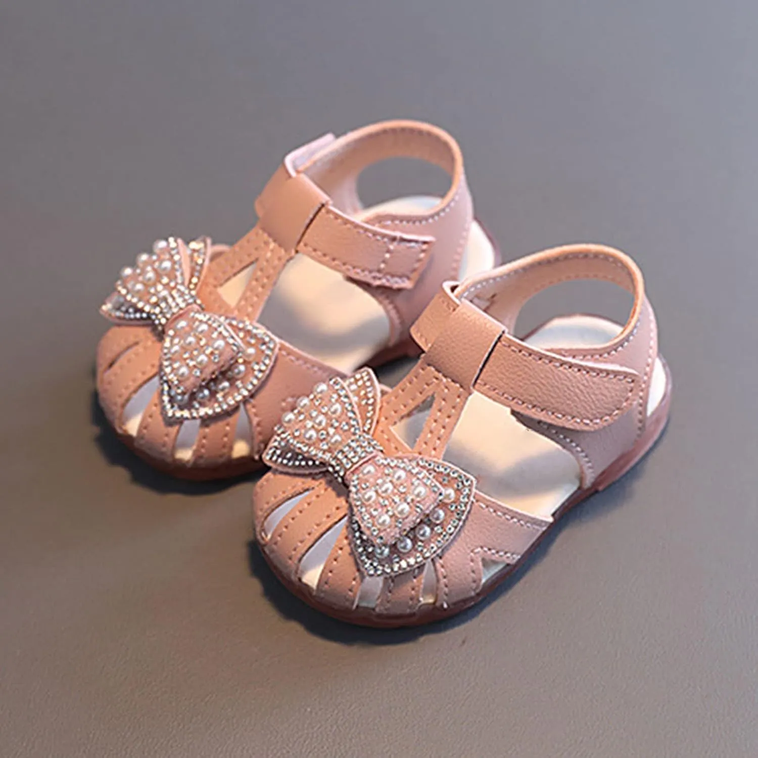 Toddler Baby Girl Pearl Bowknot Sandals Infant Closed Toe First Walking Shoes Soft Sole Cute Flip Flops Sandals