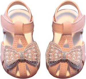 Toddler Baby Girl Pearl Bowknot Sandals Infant Closed Toe First Walking Shoes Soft Sole Cute Flip Flops Sandals