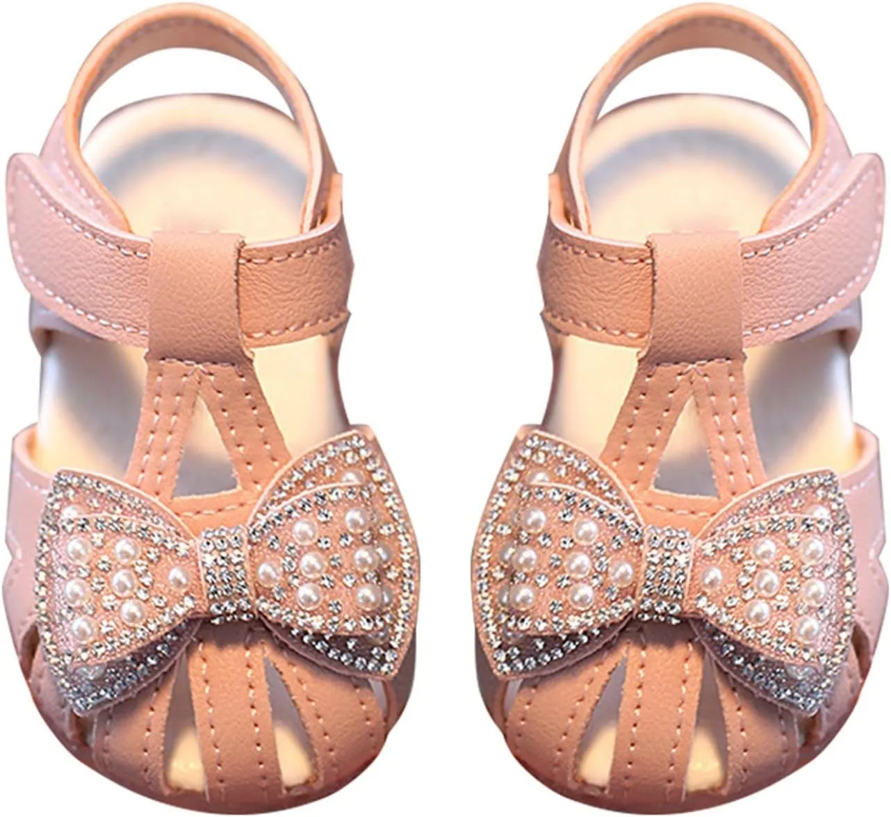 Toddler Baby Girl Pearl Bowknot Sandals Infant Closed Toe First Walking Shoes Soft Sole Cute Flip Flops Sandals