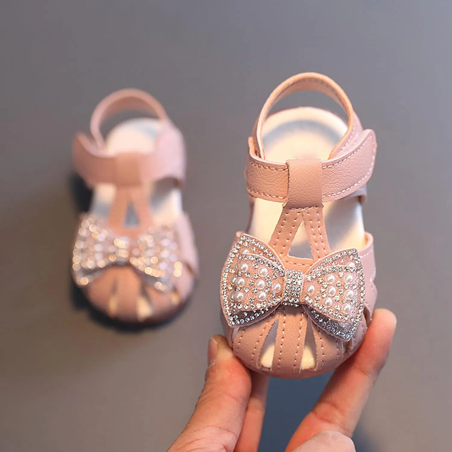Toddler Baby Girl Pearl Bowknot Sandals Infant Closed Toe First Walking Shoes Soft Sole Cute Flip Flops Sandals