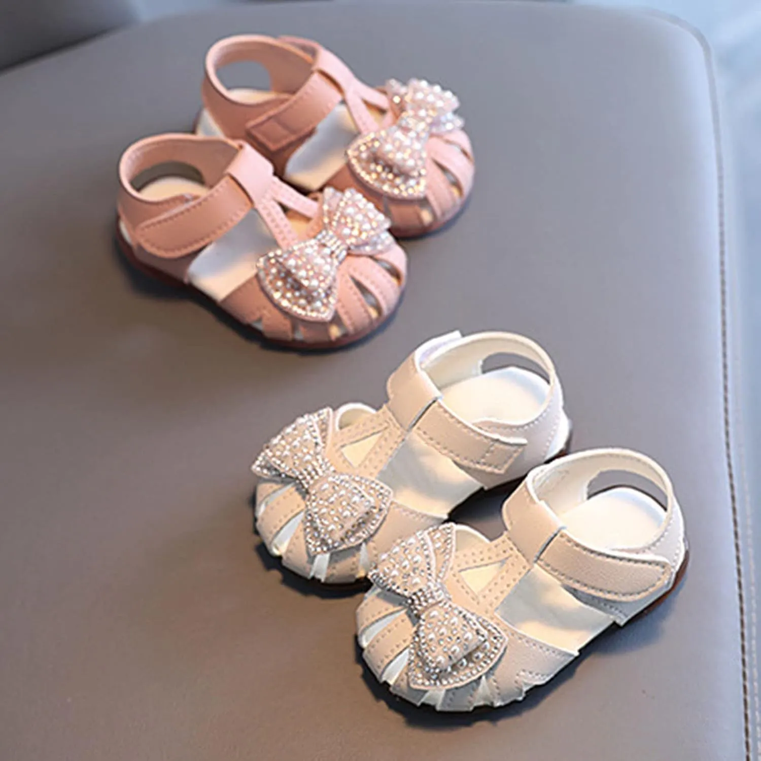Toddler Baby Girl Pearl Bowknot Sandals Infant Closed Toe First Walking Shoes Soft Sole Cute Flip Flops Sandals