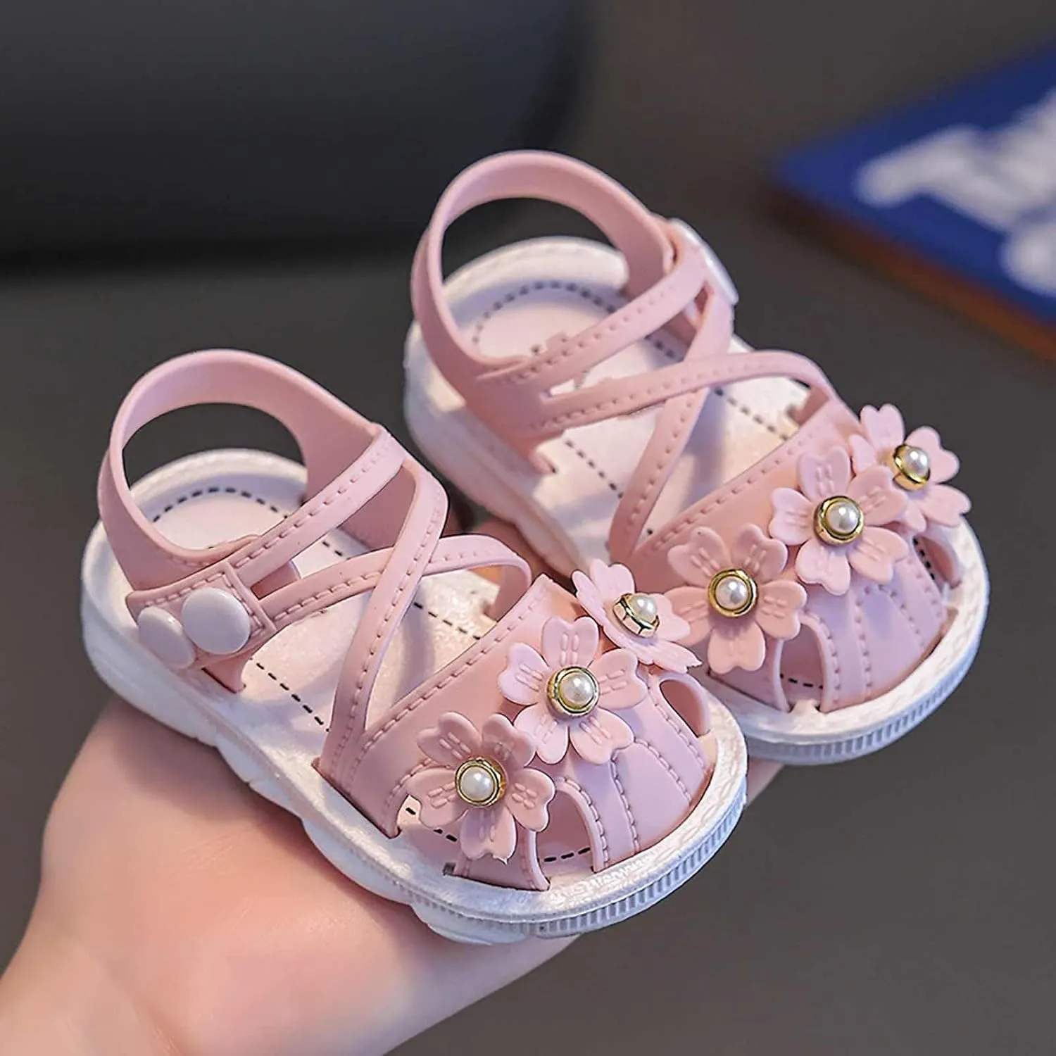 Toddler baby infant Girls Wrapped Head Non Slip Soft Bottom Buckle Walking Shoes Dress Pearl Flowers Sandals