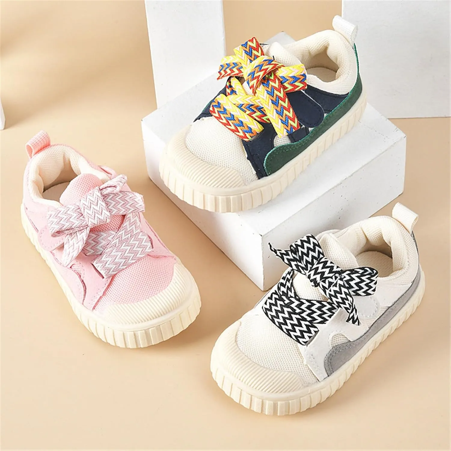 Toddler Bump Toe Sneaker Baby Anti-Slip Contrasting Color Lace-Up Canvas Infant Outdoor Soft Sole Running Shoes