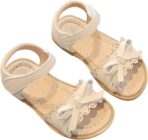Toddler Kid Girl Casual Hook & Loop Sandal Solid Bow Rubber Soft Sole Birthday Party School Beach Flat Shoes