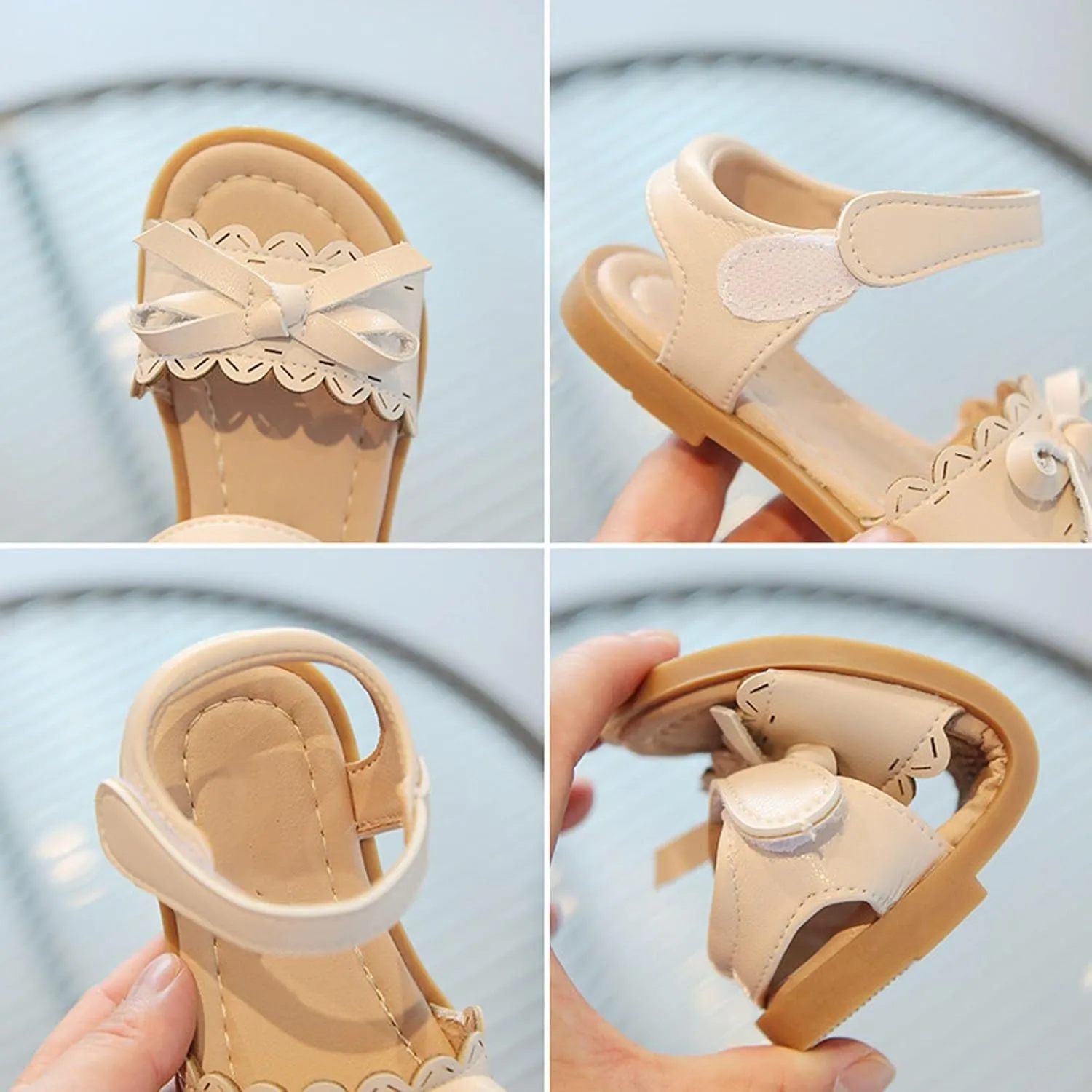 Toddler Kid Girl Casual Hook & Loop Sandal Solid Bow Rubber Soft Sole Birthday Party School Beach Flat Shoes